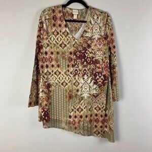 Chicos Asymmetric Tunic Shirt Womens 2 US Large V Neck Contrast Hem